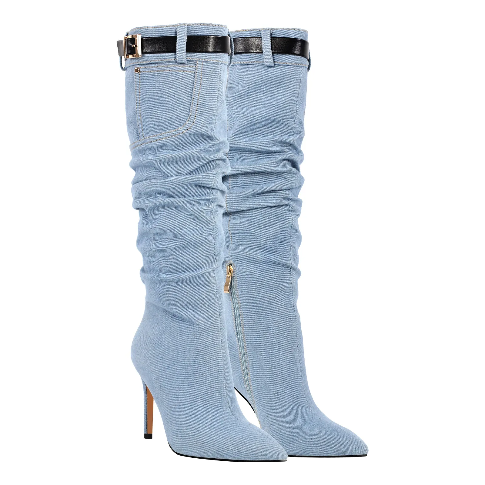 Denim Pointed Toe Stiletto Thigh Boots