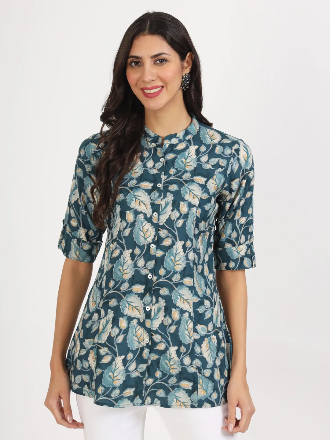 Divena Bottle Green Floral Printed Rayon Top