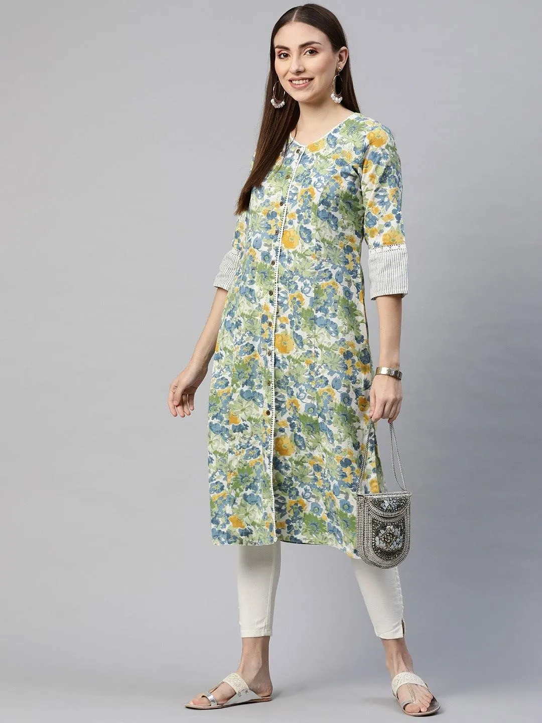 Divena Multi Color Floral Printed Cotton Flex A-line Kurta