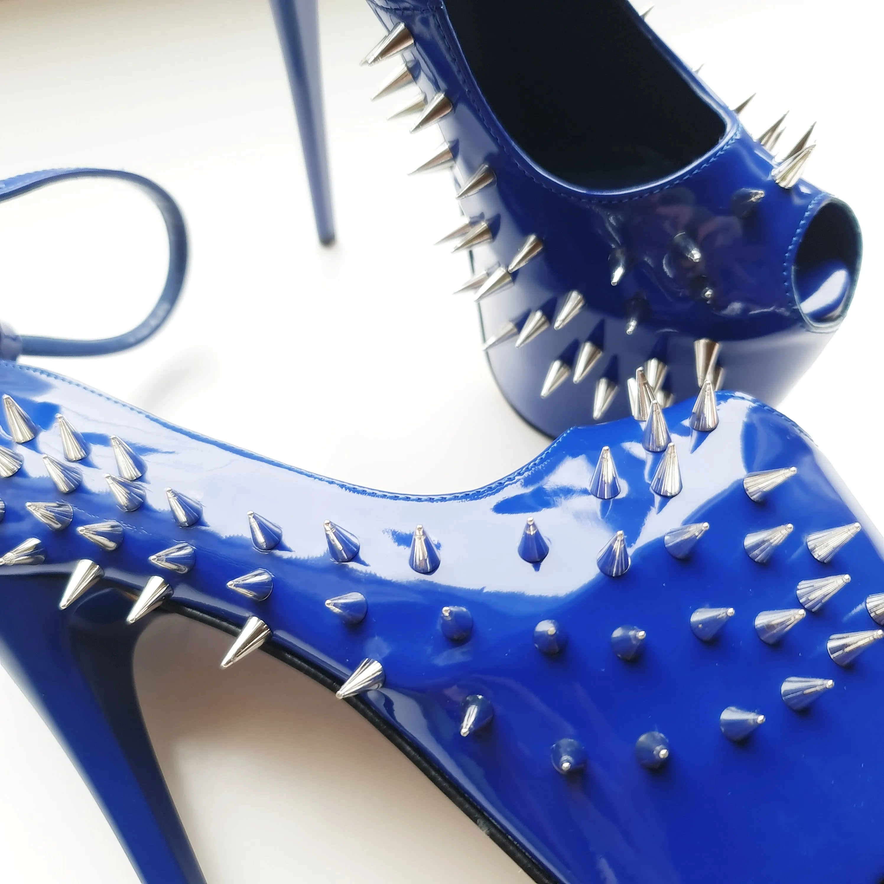 Electric Blue Gloss Spike Studded Ankle Strap Heels