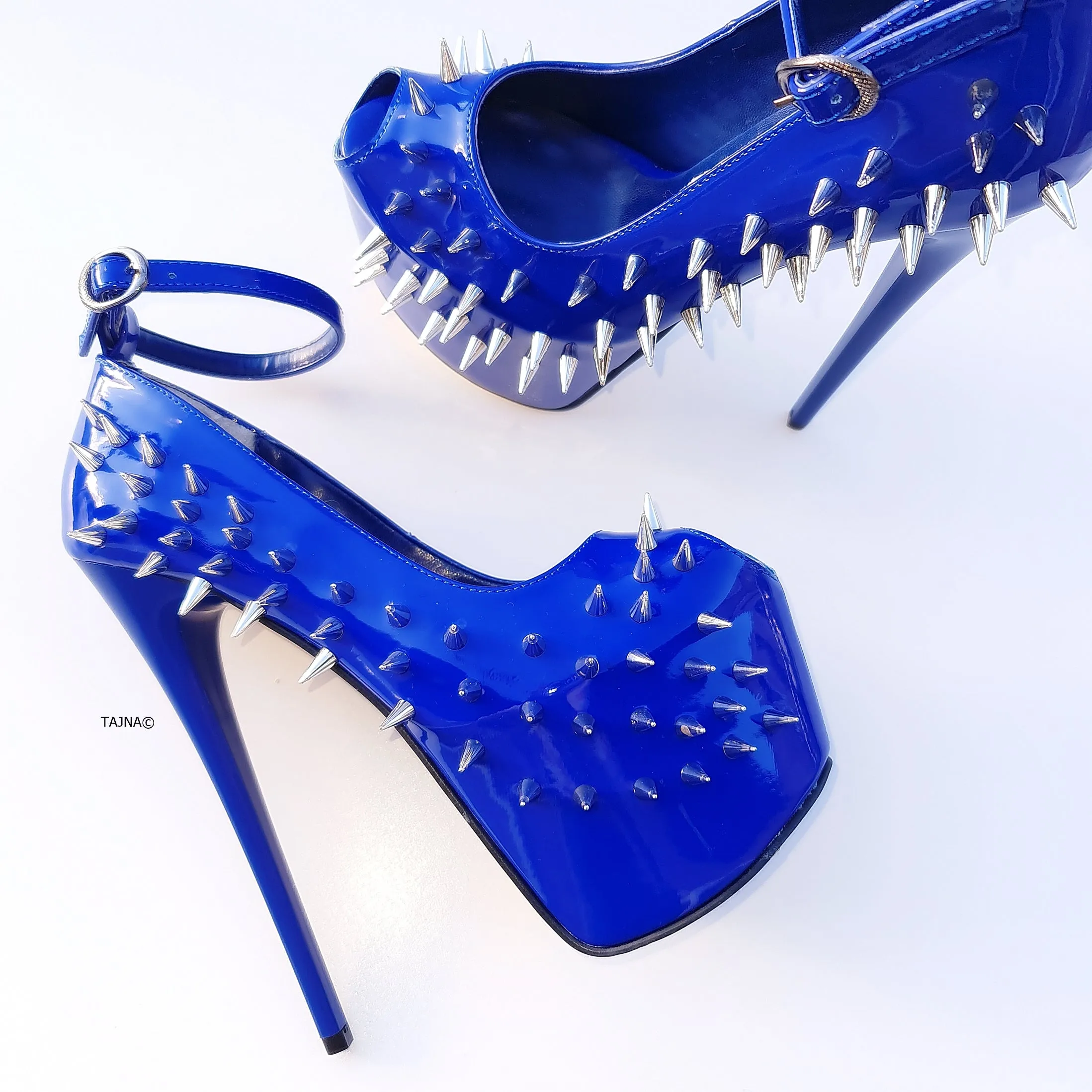 Electric Blue Gloss Spike Studded Ankle Strap Heels