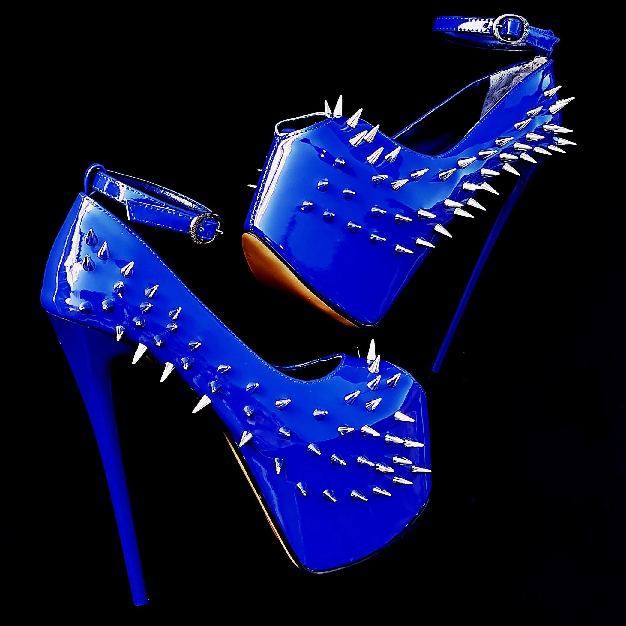 Electric Blue Gloss Spike Studded Ankle Strap Heels