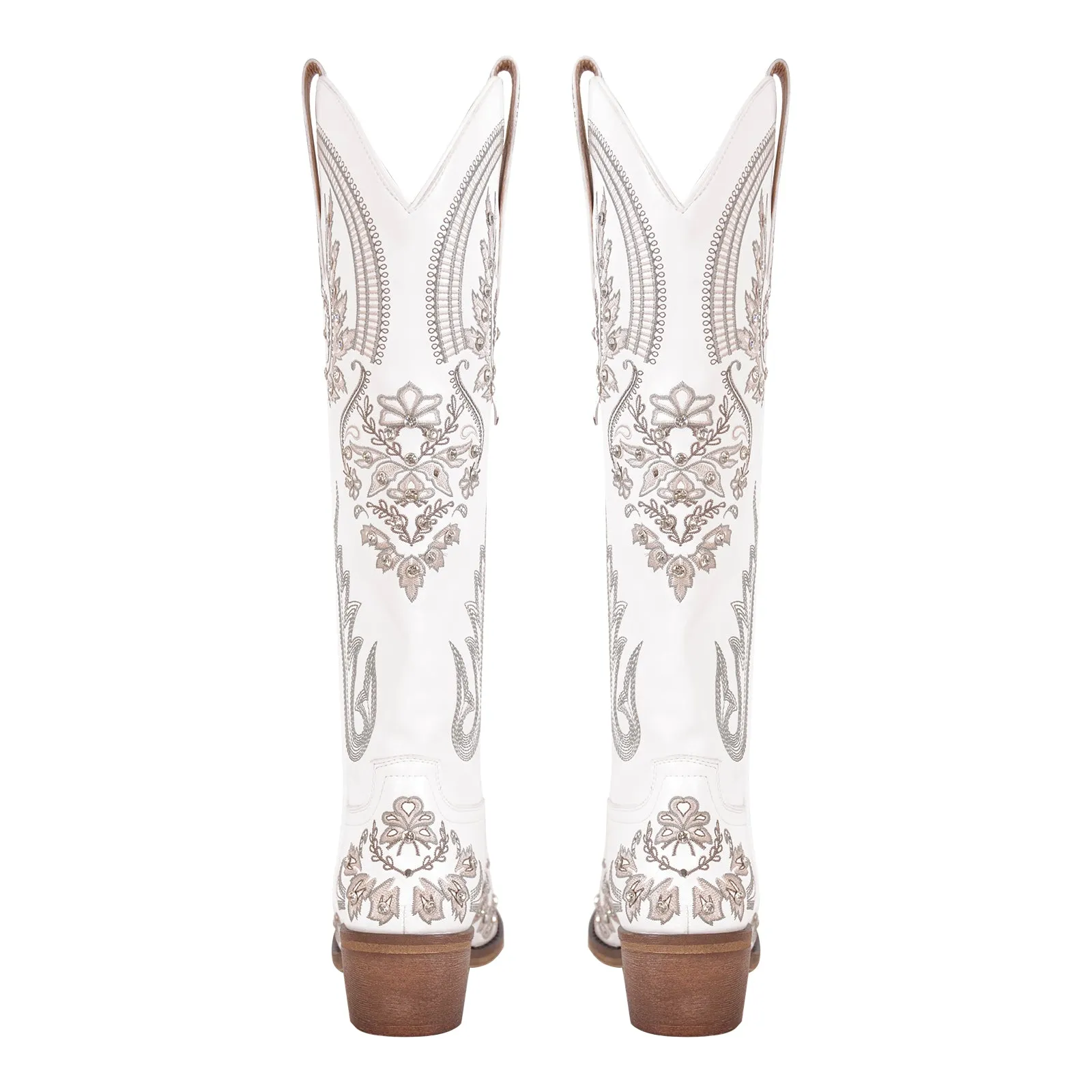 Embroidery Rhinestone Chunky Heel Thigh High Boots