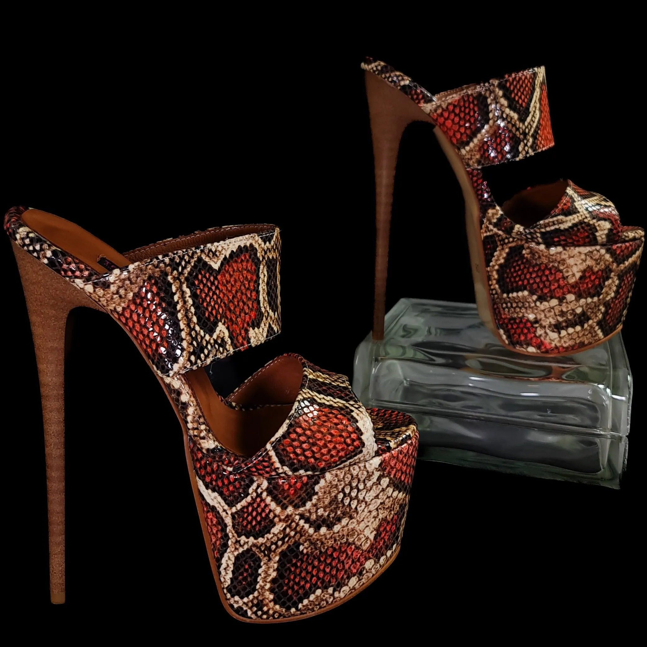 Exotic Print Genuine Leather High Heel Mules