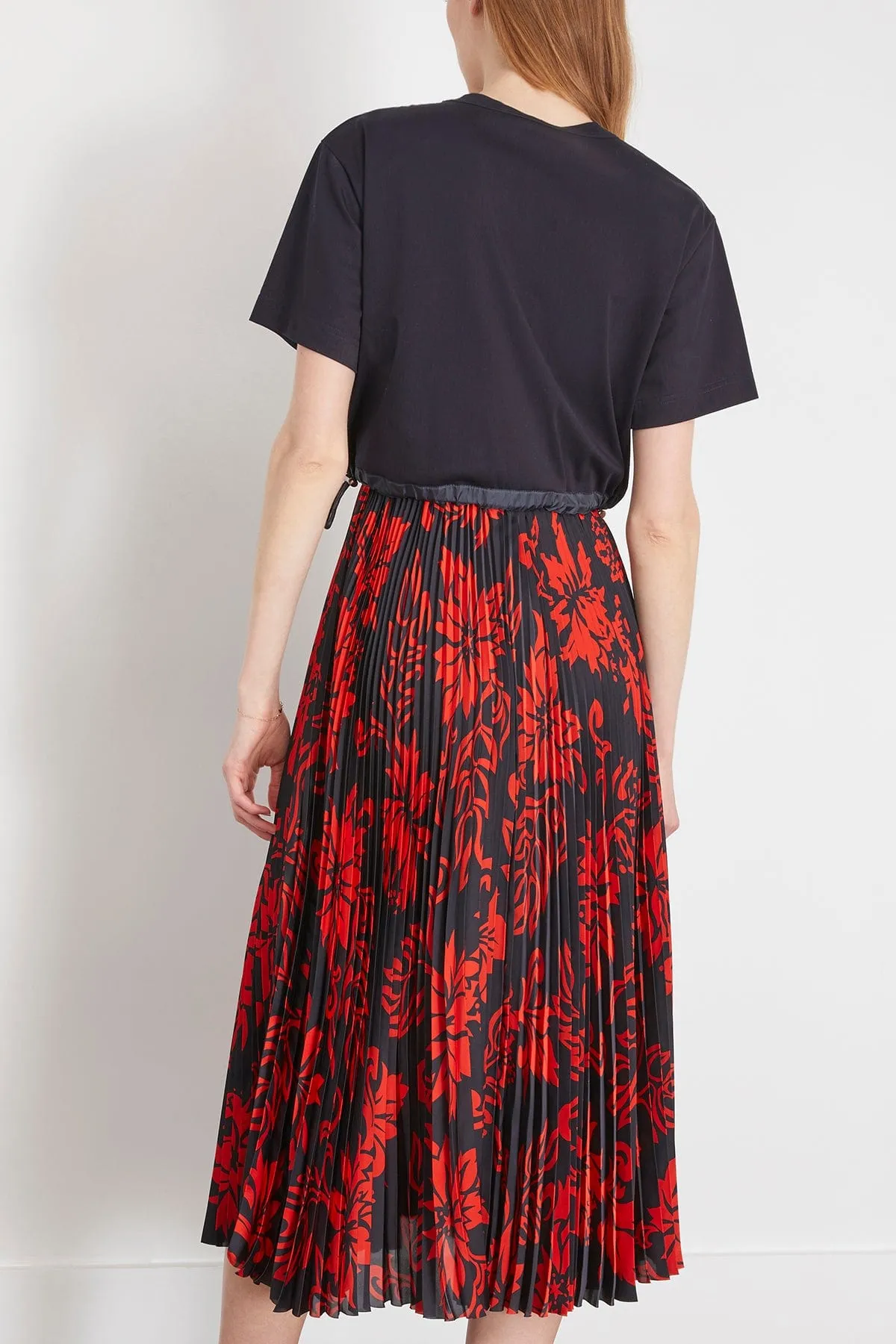 Floral Print Cotton Jersey Dress in Navy x Red