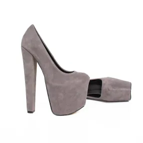 Grey Faux Suede Platform Chunky Heels