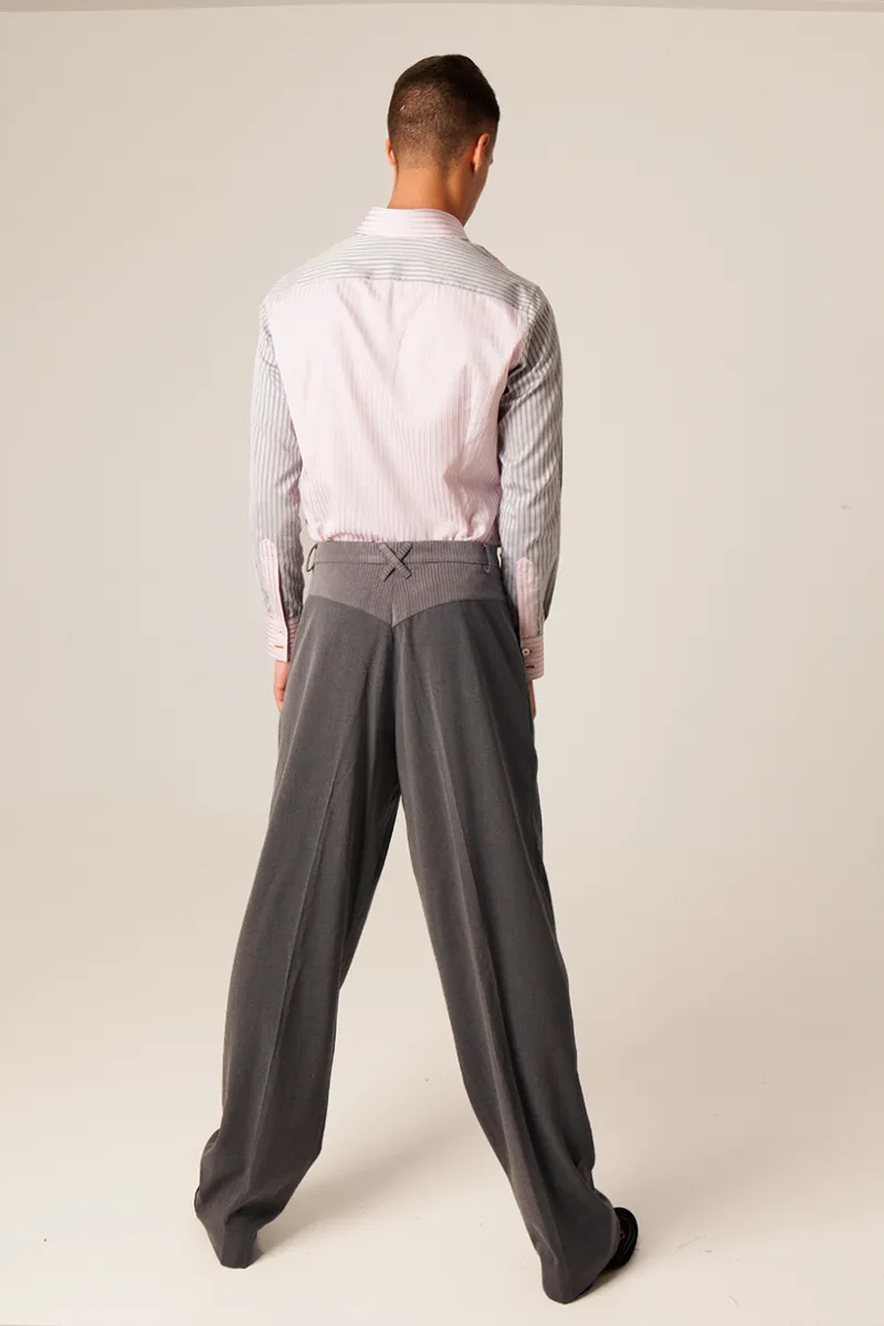 Grey Tango Pants With Four Pleats And Decorative Back Waistline