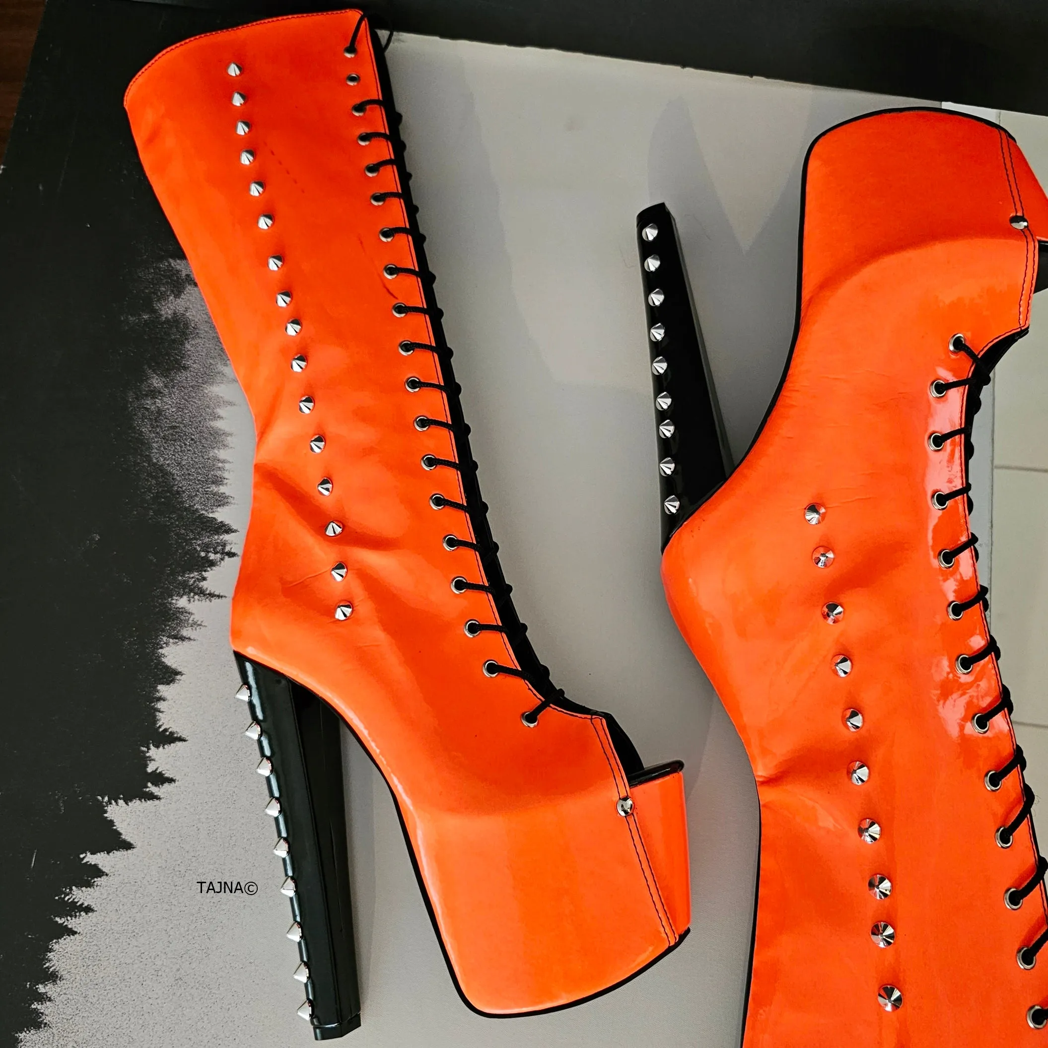 Halloween Orange Black Spiked Mid Calf Boots