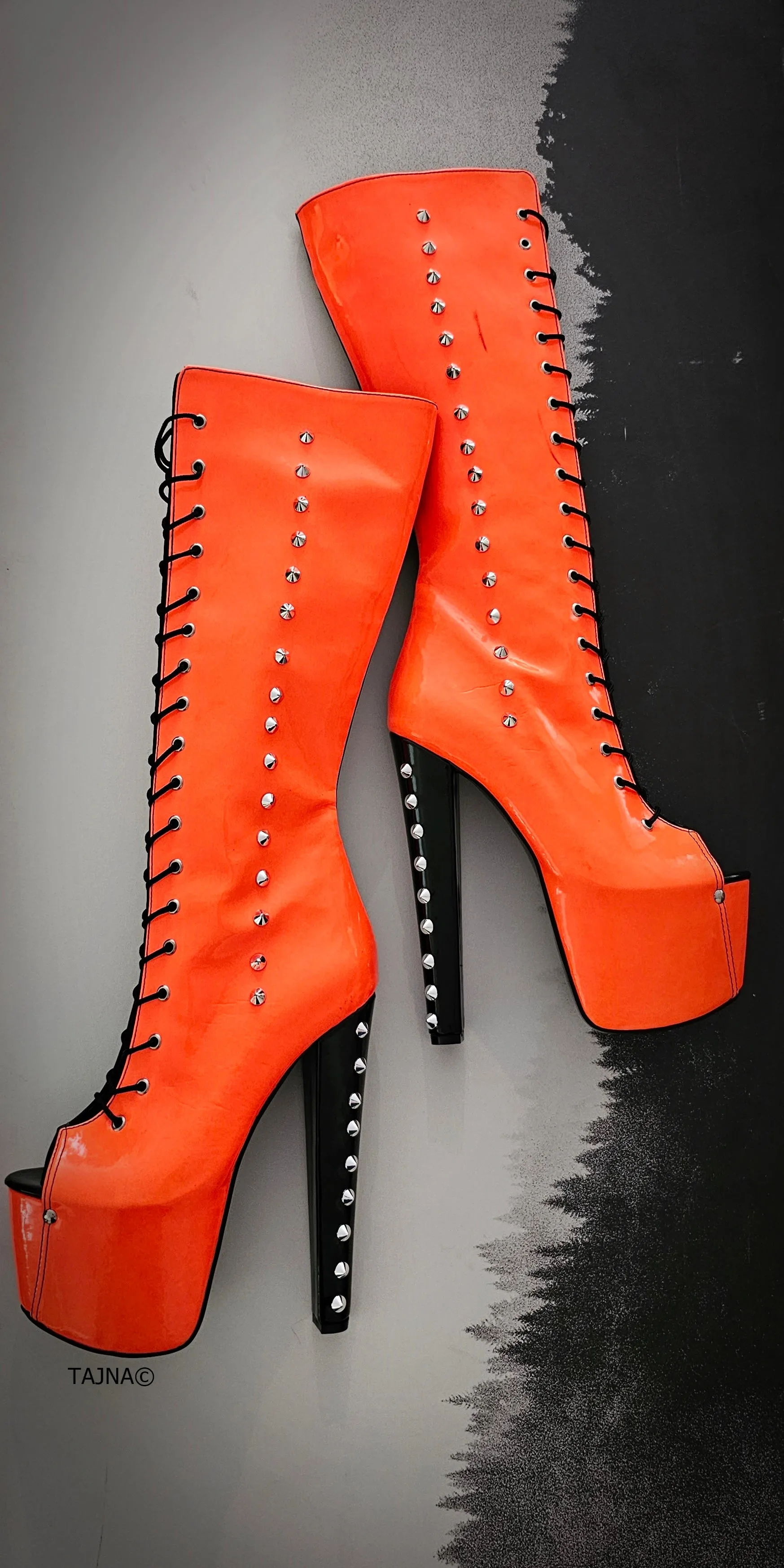 Halloween Orange Black Spiked Mid Calf Boots