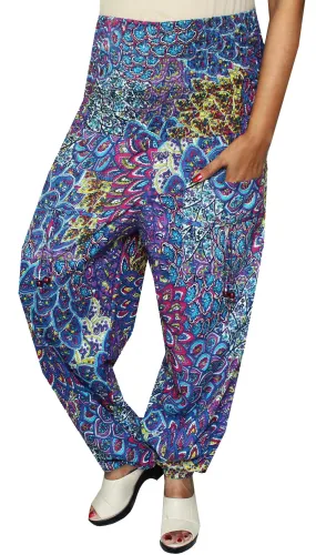 Harem Pants Womens Smocked Waist Hippie Rayon (Blue)