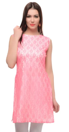 India Tunic Top Long  Kurti Rayon Womens Sleeveless Indian Clothing (Pink)