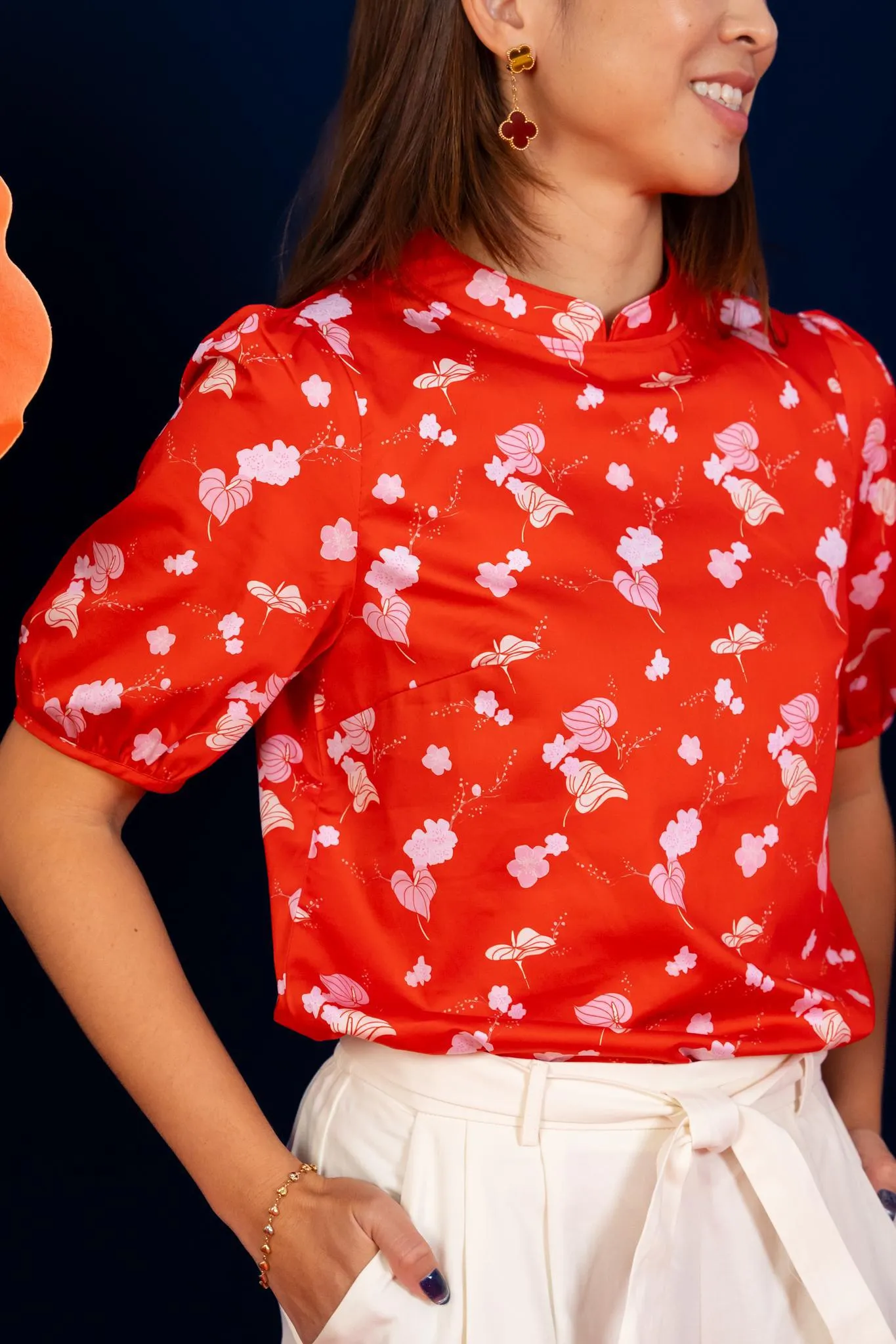 Ladies Nadia Top - Red Blossom Lily