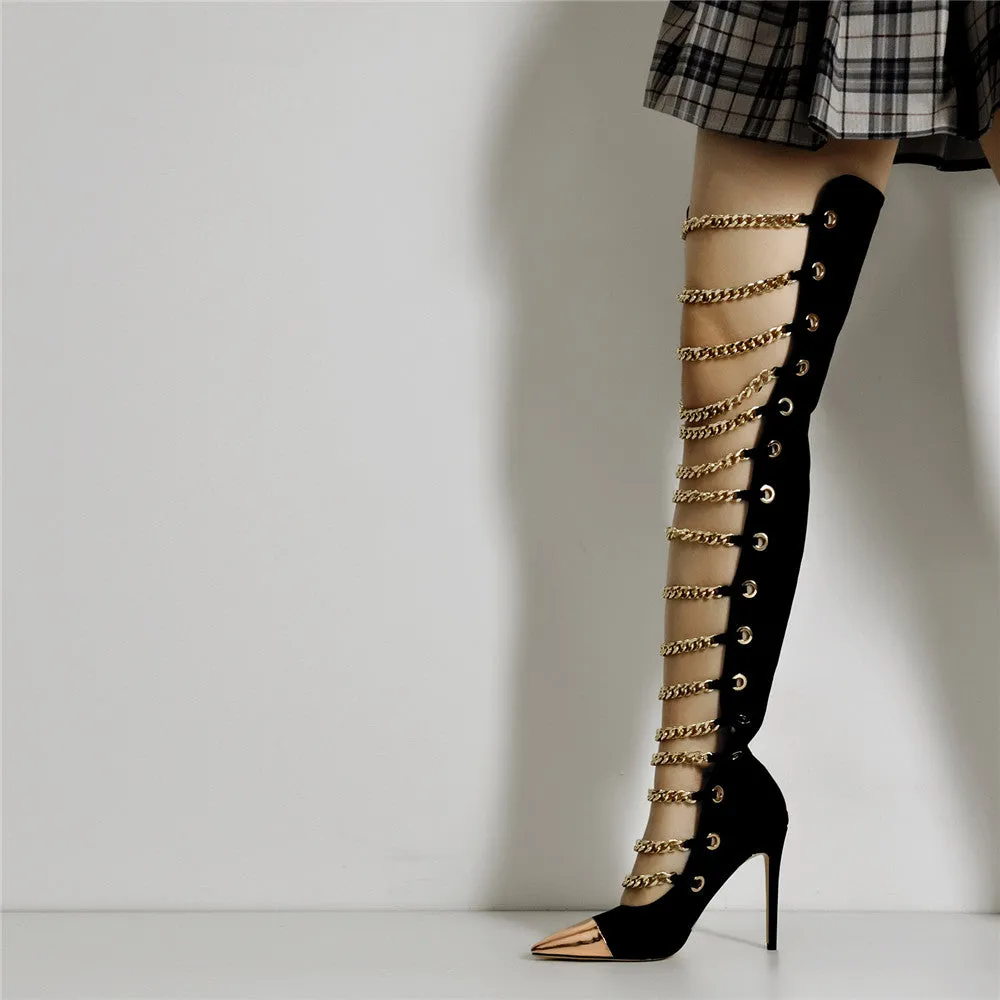 Metal Chain Pointed Toe Over The Knee High Boots