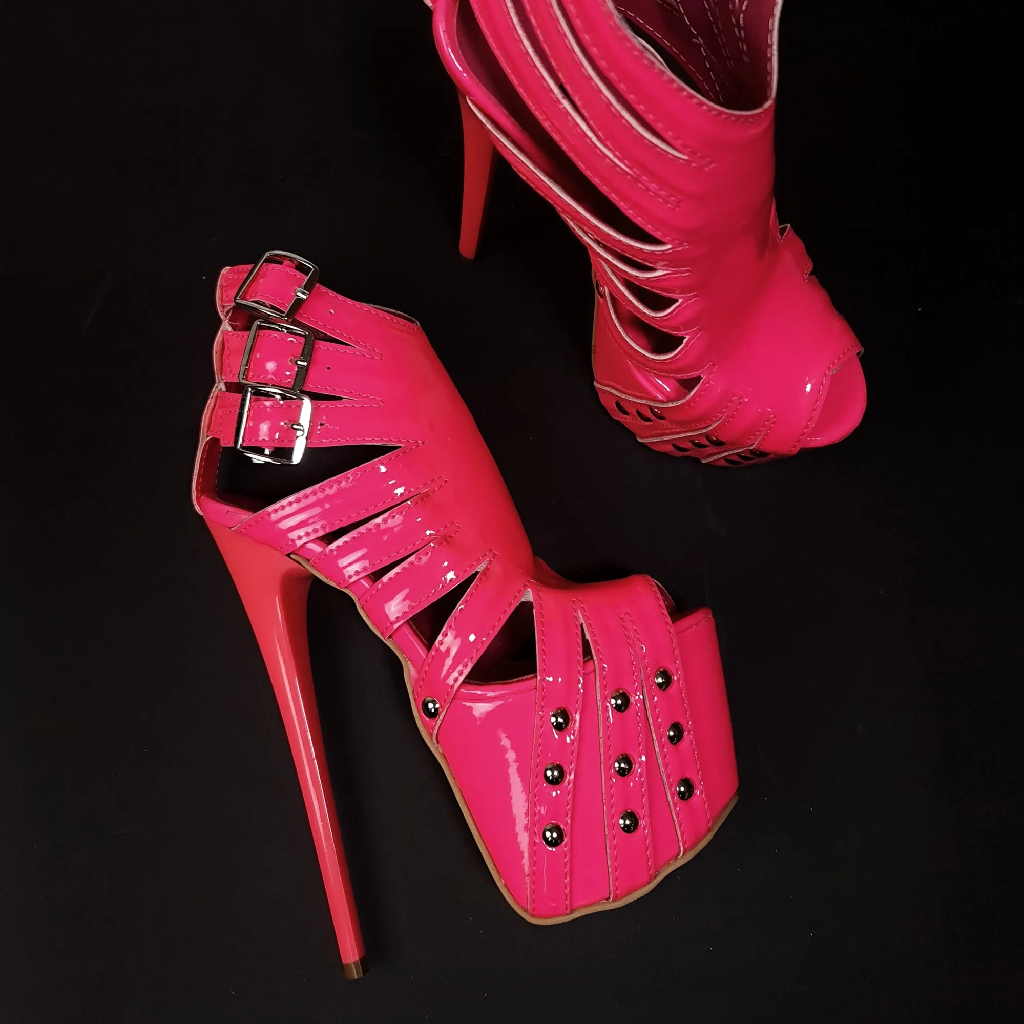 Multi Belted Pink Neon Ankle Cut Pin High Heels