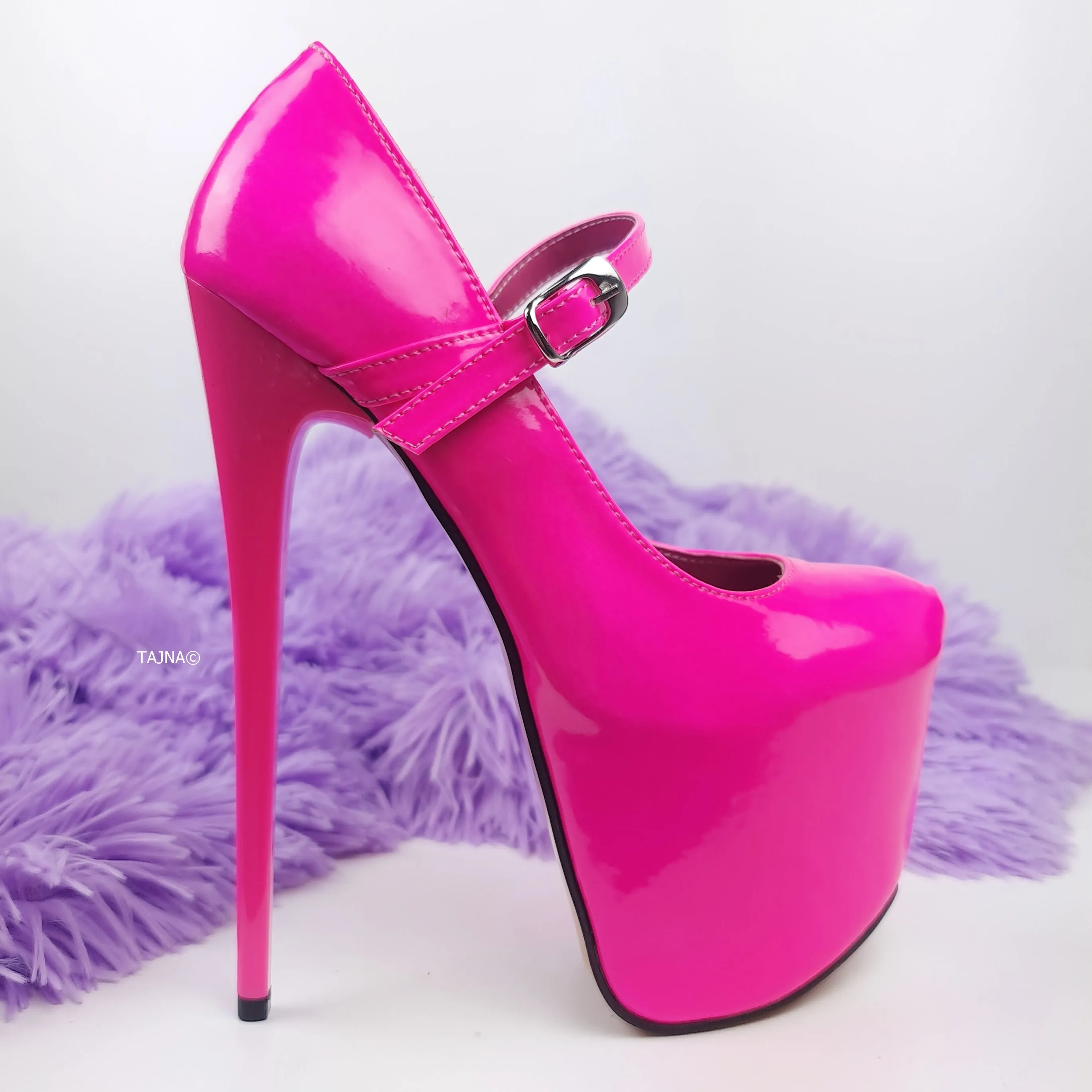 Neon Pink Gloss Mary Jane High Heel Pumps