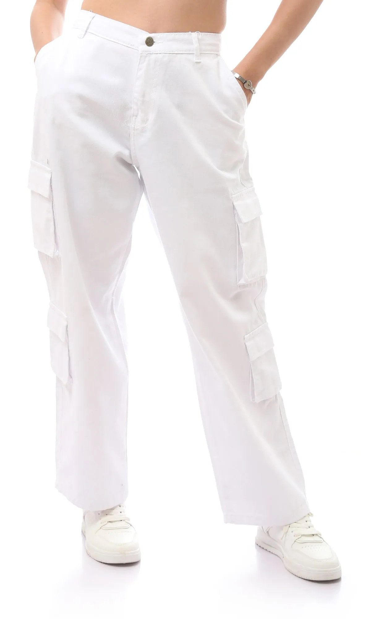 O169943 White Cotton Solid Fly Zip Buttoned Trousers