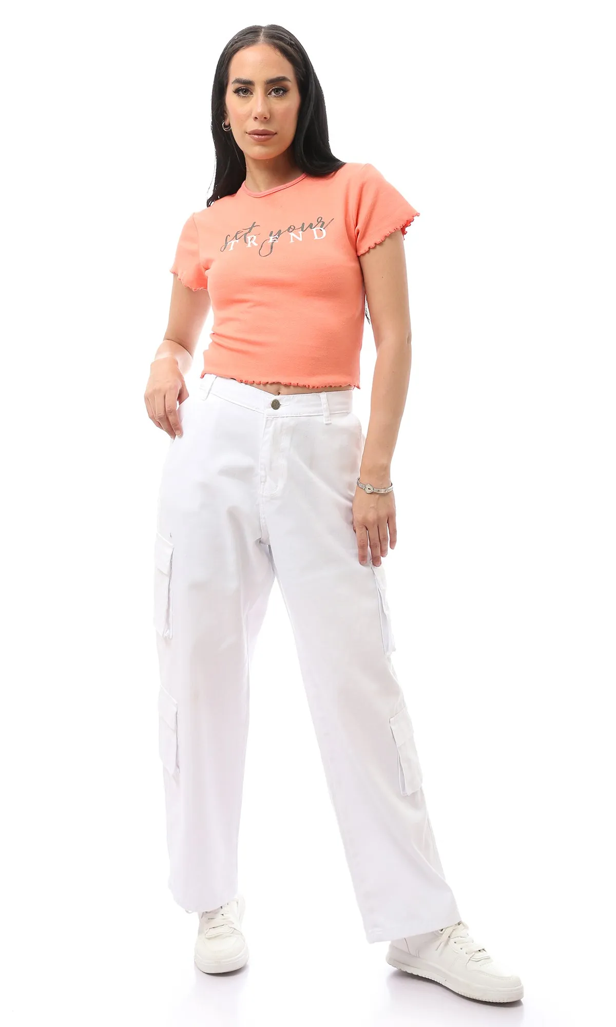 O169943 White Cotton Solid Fly Zip Buttoned Trousers