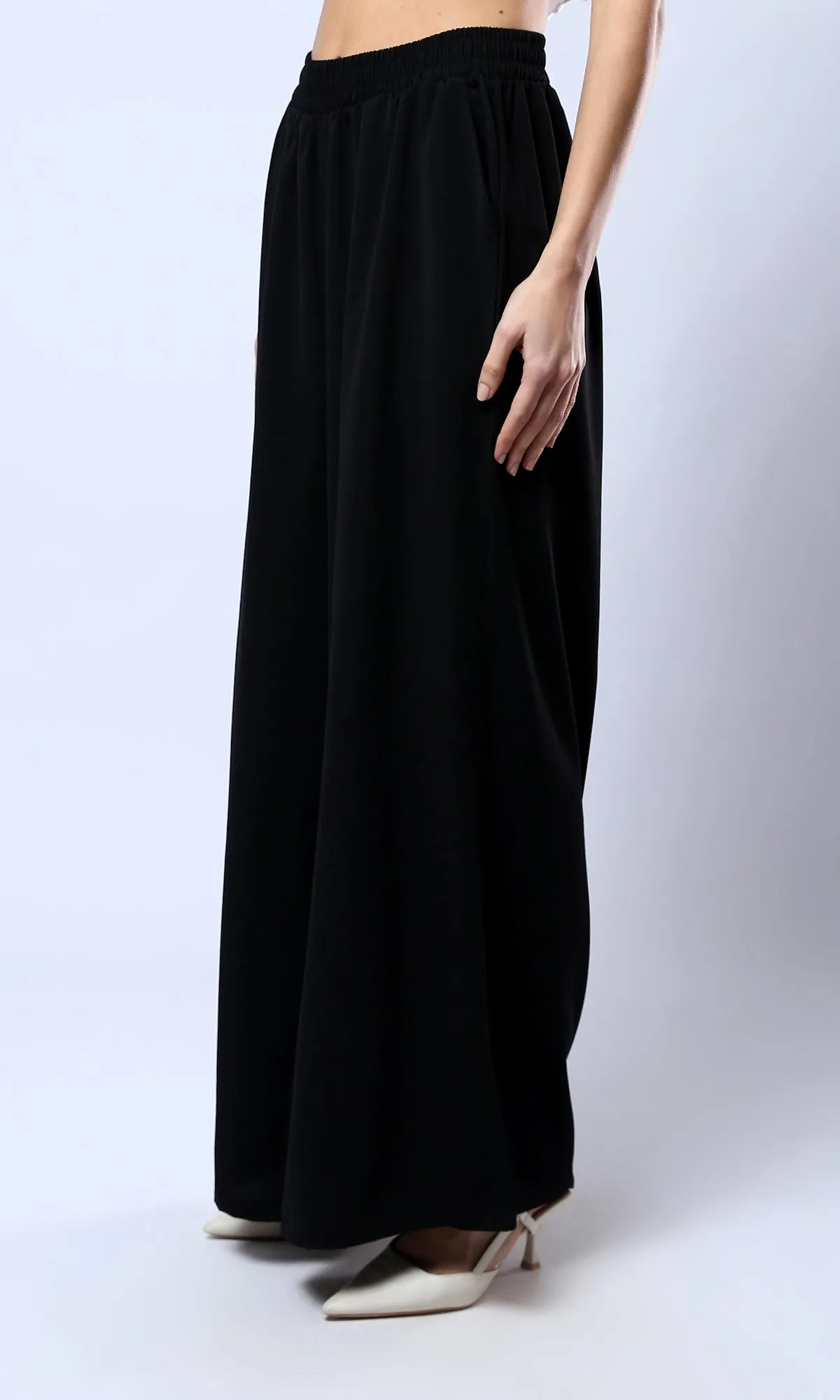 O179825 Black Wide Leg Slip On Summer Pants