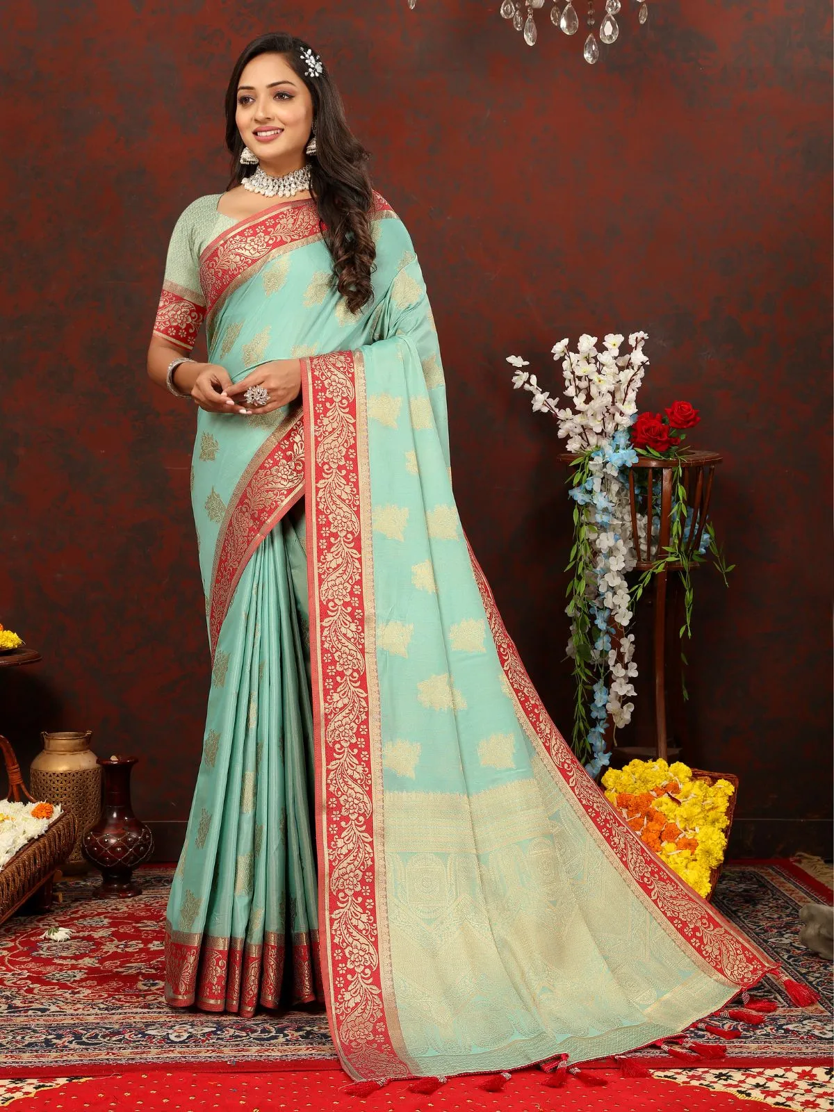 Odette Blue Cotton Blend Woven Saree with Unstitched Blouse for Women