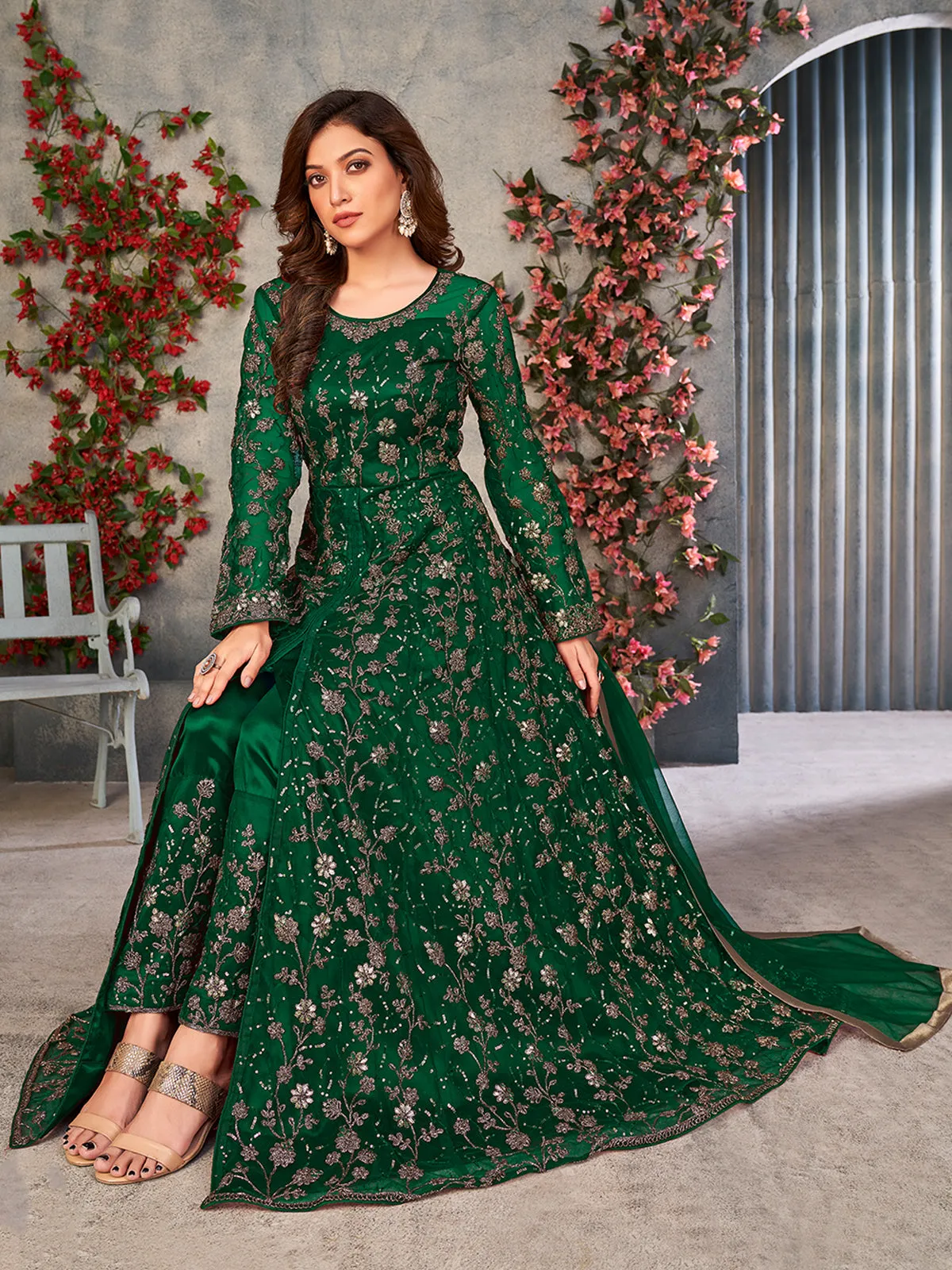 Odette Green Net Embroidered Semi stitched Kurta Set with Inner For Women