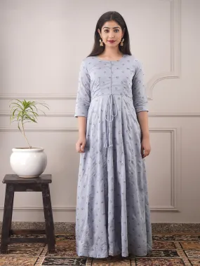 Odette Light Grey Chanderi Printed Stitched Gown for Women