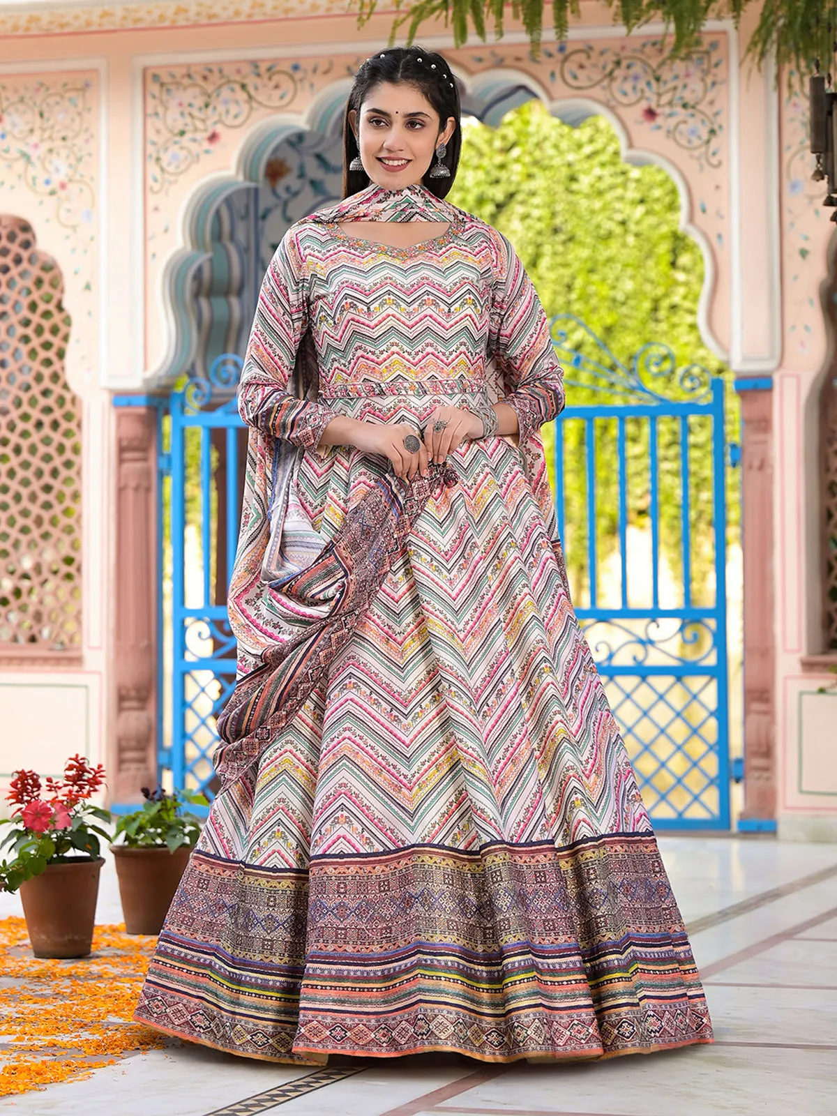 Odette Multicolor Silk Stitched Gown with Dupatta For Women