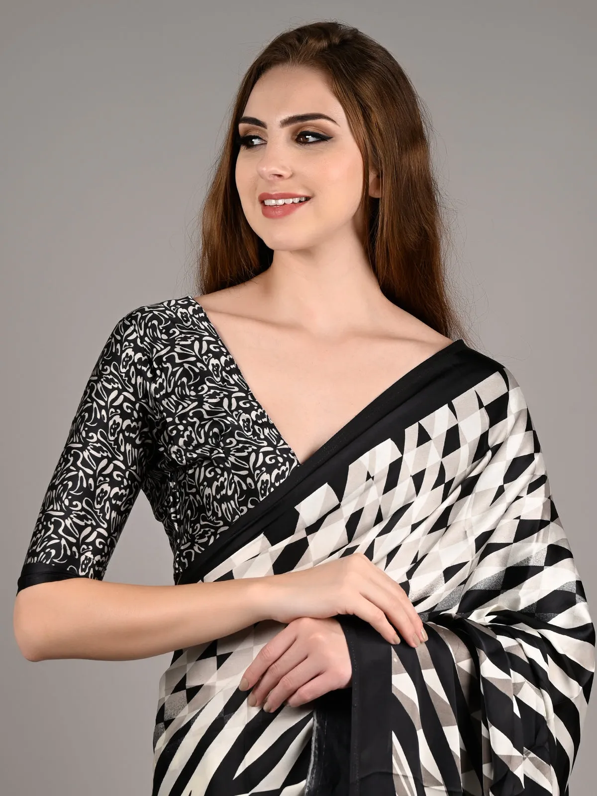 Odette Women Black Satin Crepe Digital Stripes Print Saree With Unstitched Blouse