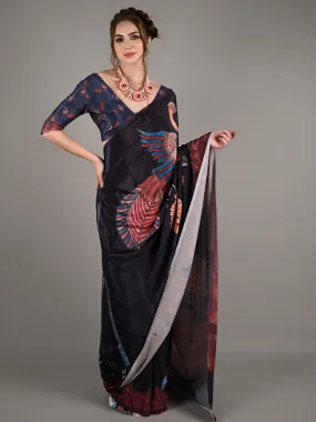 Odette Women Black Silk Crepe Digital Print Saree With Unstitched Blouse