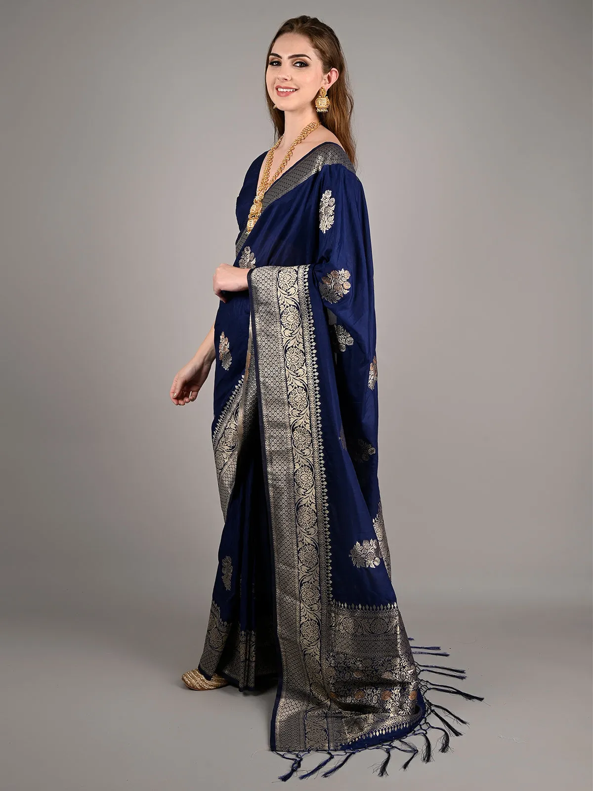 Odette Women Dark Blue Nylon Woven Saree With Unstitched Blouse