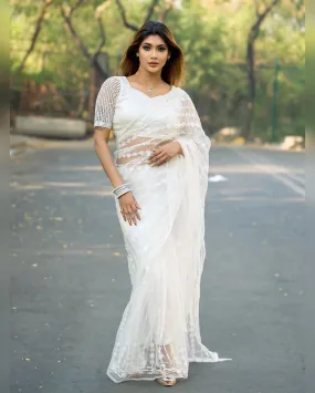 Odette Women Designer White Net Sequins Saree With Unstitched Blouse