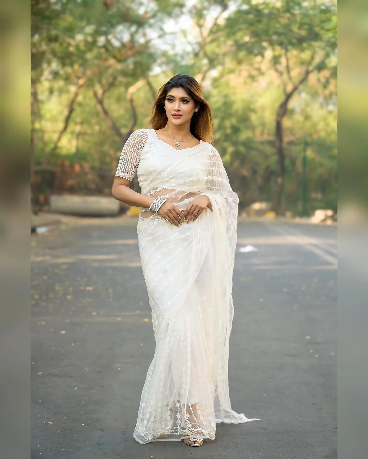 Odette Women Designer White Net Sequins Saree With Unstitched Blouse