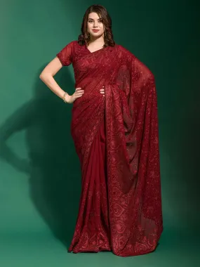 Odette Women Maroon Georgette Saree With Blouse Piece