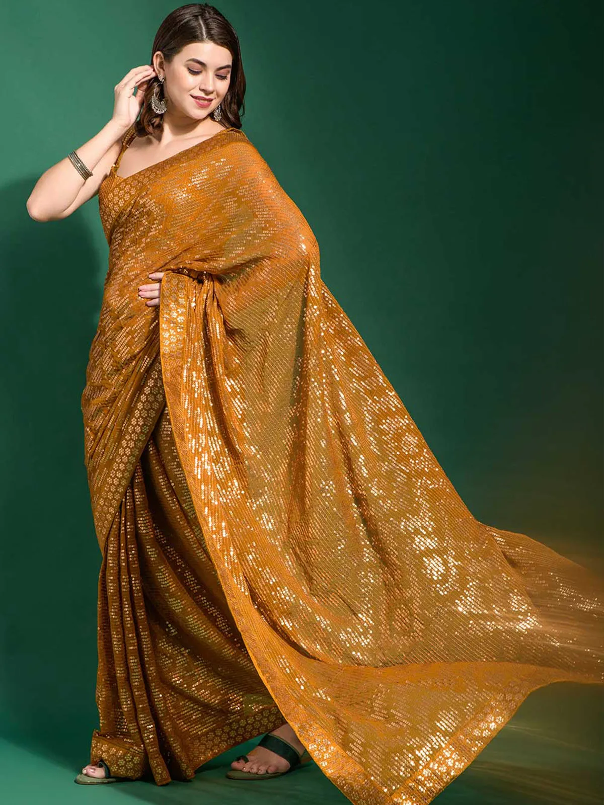 Odette Women Mustard Poly Georgette Saree With Blouse Piece