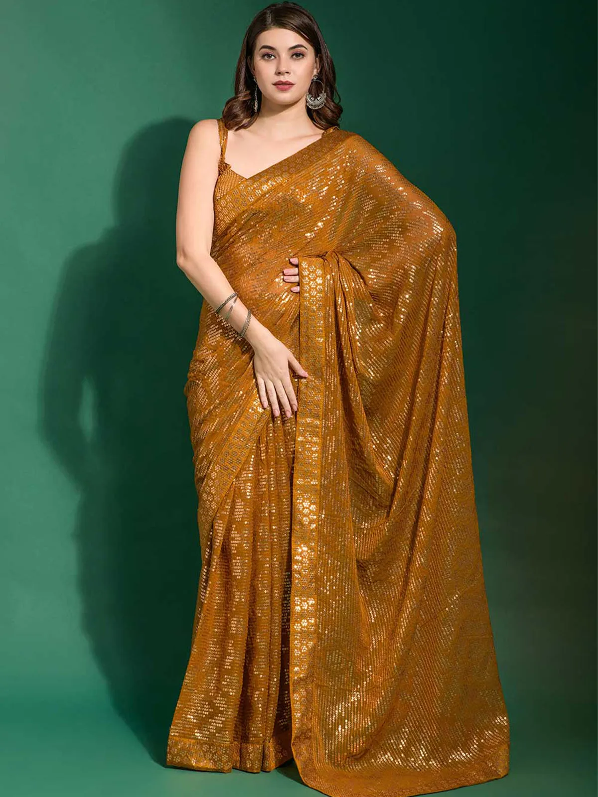 Odette Women Mustard Poly Georgette Saree With Blouse Piece