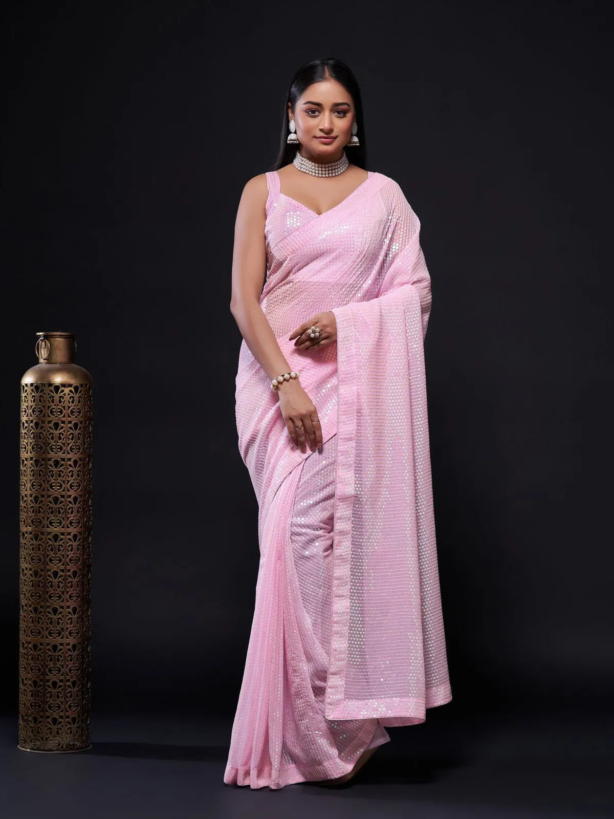 Odette Women Pink Embellished Georgette Saree With Unstitched Blouse