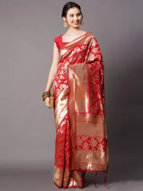 Odette Women Red Festive Silk Blend Woven Design Saree With Unstitched Blouse