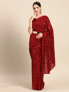 Odette Women Red Georgette Designer Sequins Saree With Unstitched Blouse