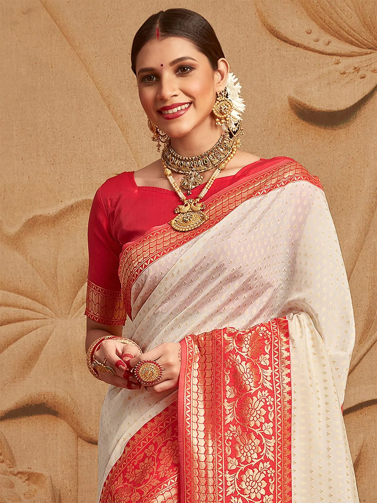 Odette Women Silk Blend Apricot And Red Woven Designer Saree With Unstitched Blouse