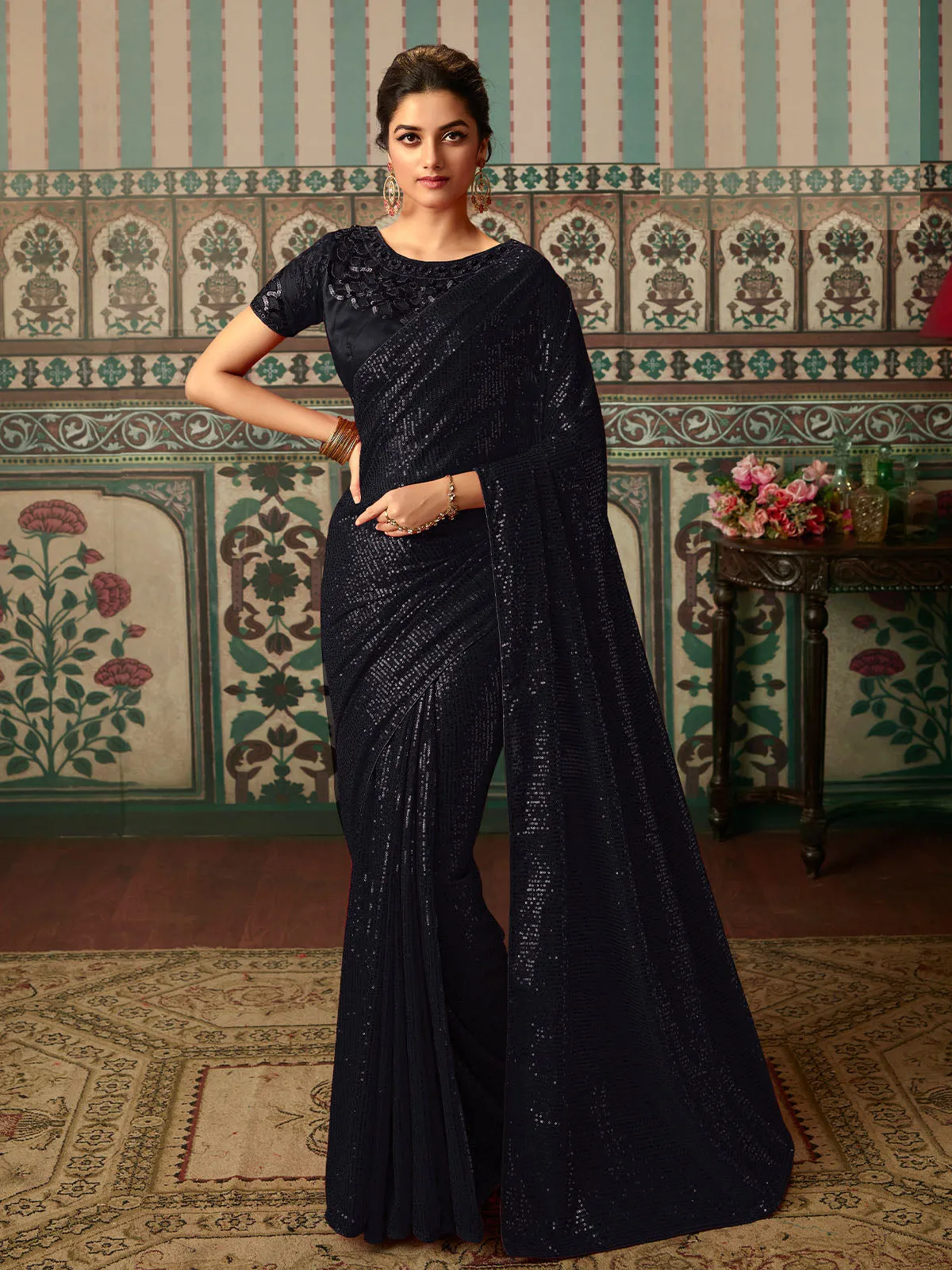 Odette Women Sparkling Black Sequins Saree With Unstitched Blouse