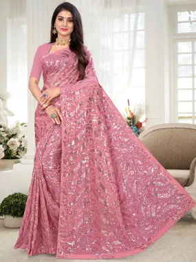 Odette Women Sparkling Pink Sequins Saree With Unstitched Blouse