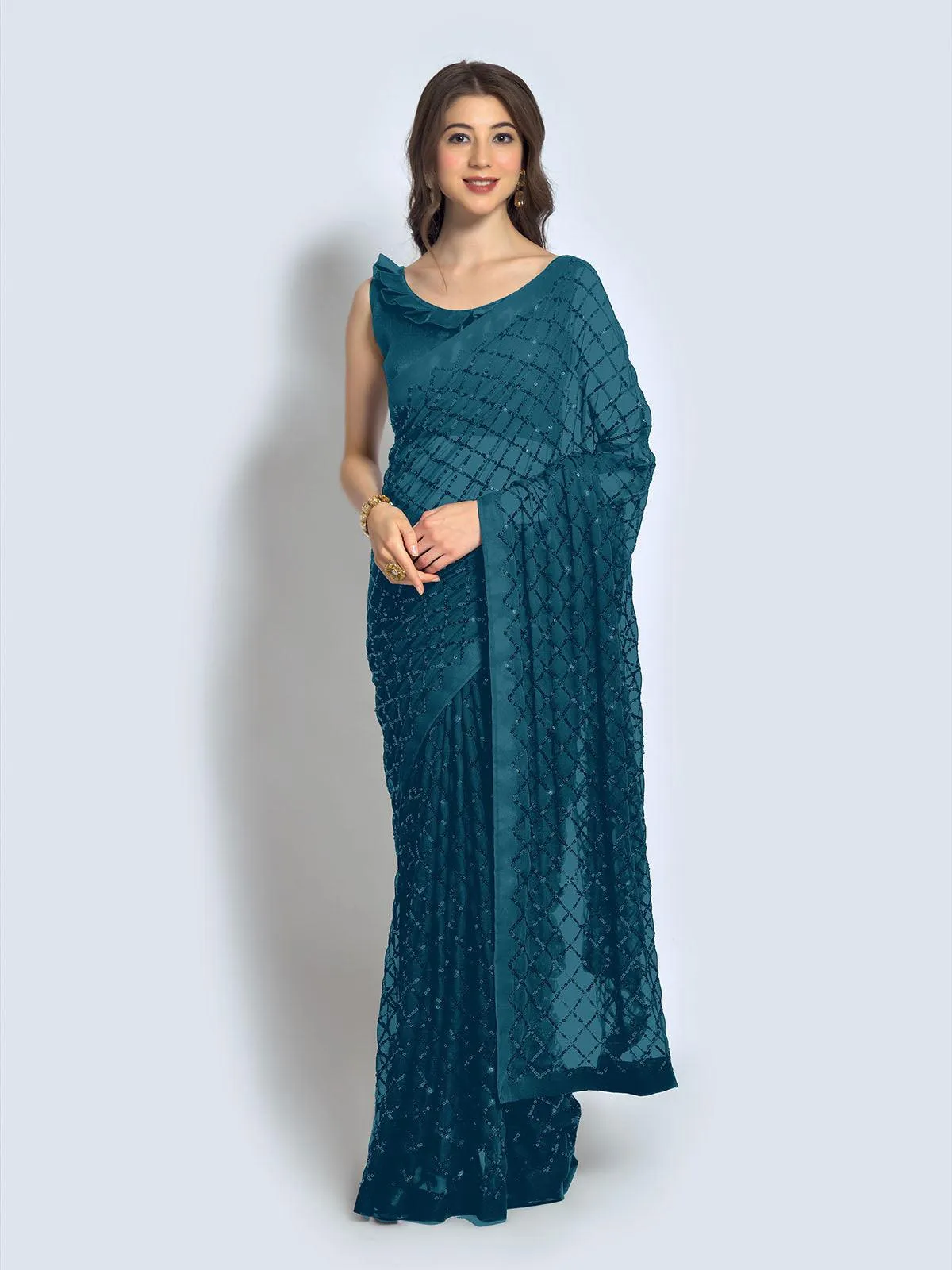 Odette Women Teal Designer Sequins Saree With Unstitched Blouse