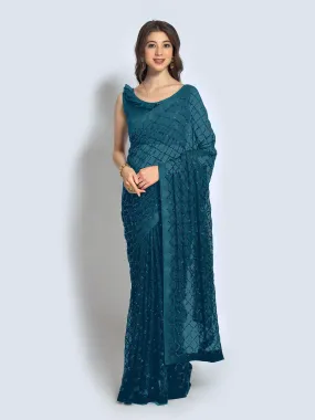 Odette Women Teal Designer Sequins Saree With Unstitched Blouse