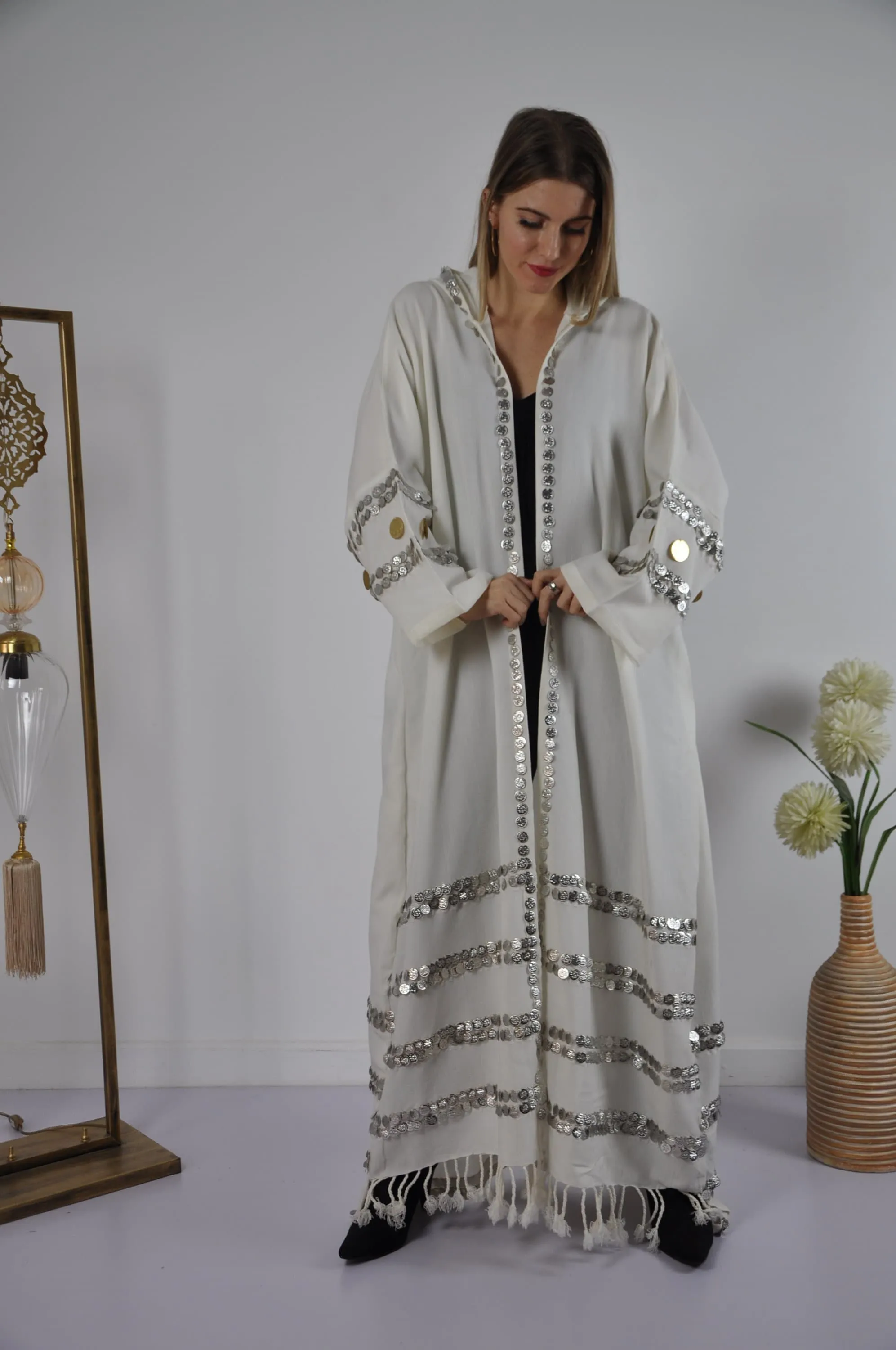 Off white Vintage Morocco Kimono, Handmade Abaya, Summer Abaya, Hooded kimono, Light wool / cotton Kimono, Abaya, Arabic Abaya