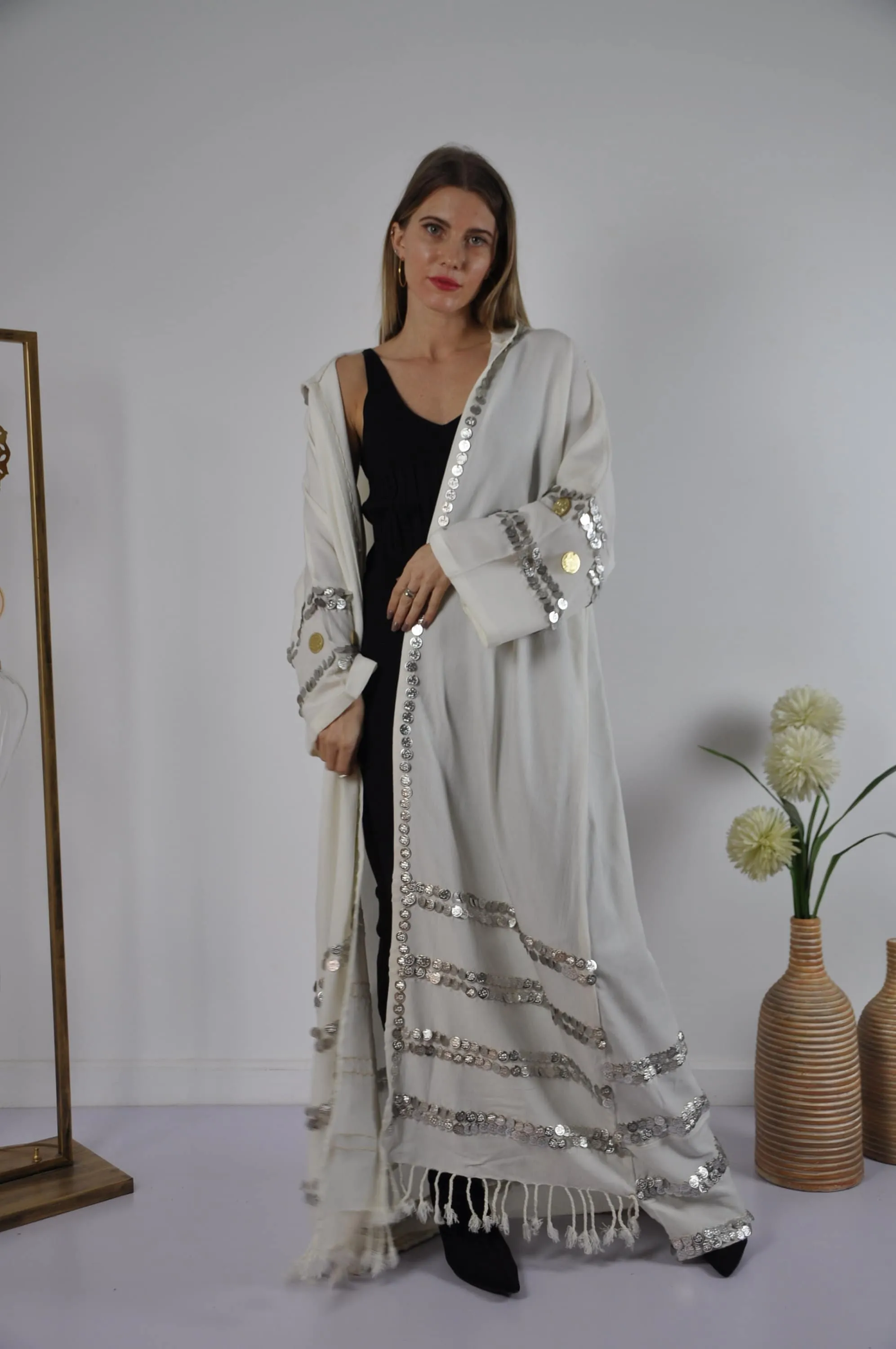 Off white Vintage Morocco Kimono, Handmade Abaya, Summer Abaya, Hooded kimono, Light wool / cotton Kimono, Abaya, Arabic Abaya