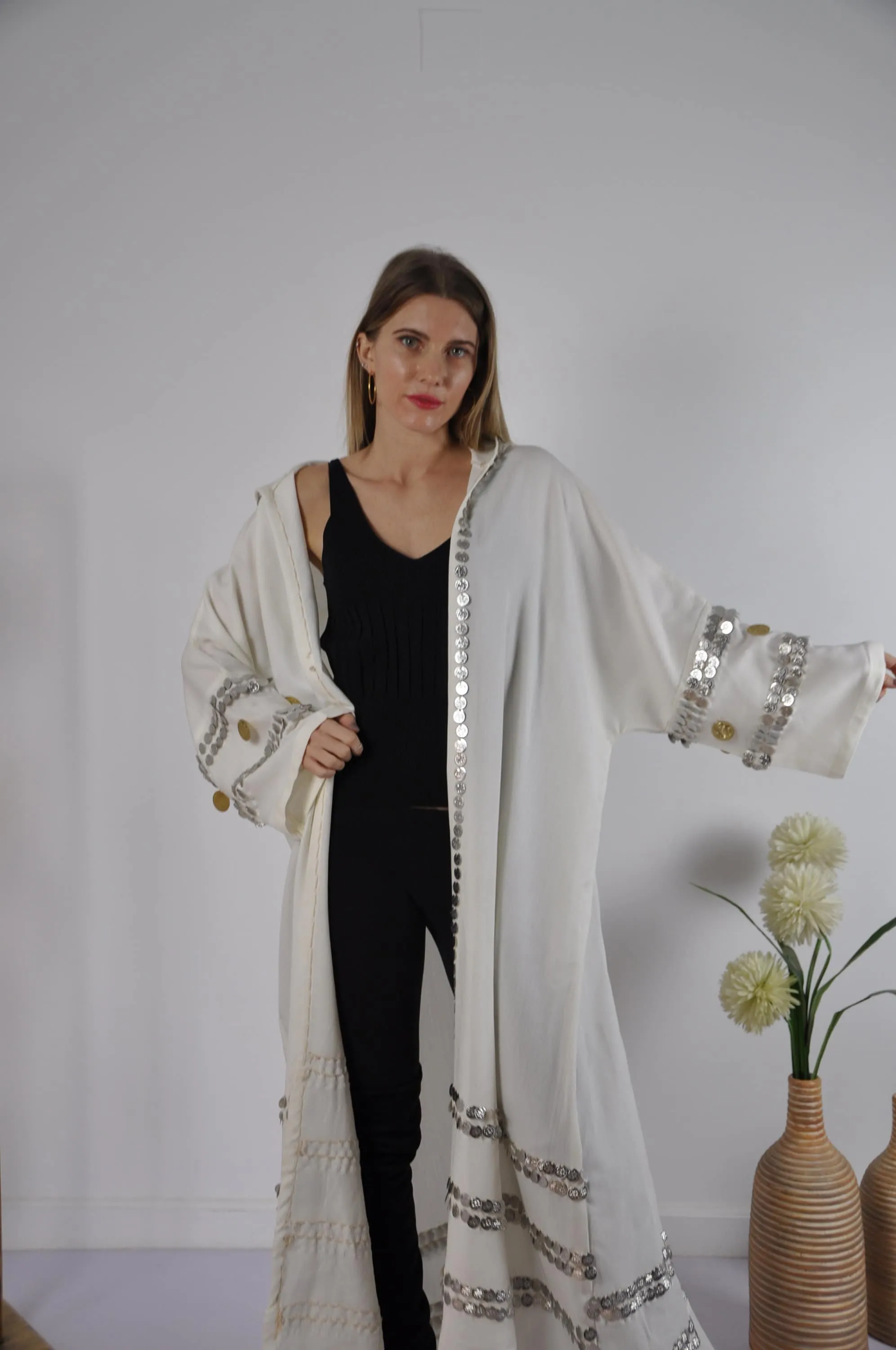 Off white Vintage Morocco Kimono, Handmade Abaya, Summer Abaya, Hooded kimono, Light wool / cotton Kimono, Abaya, Arabic Abaya