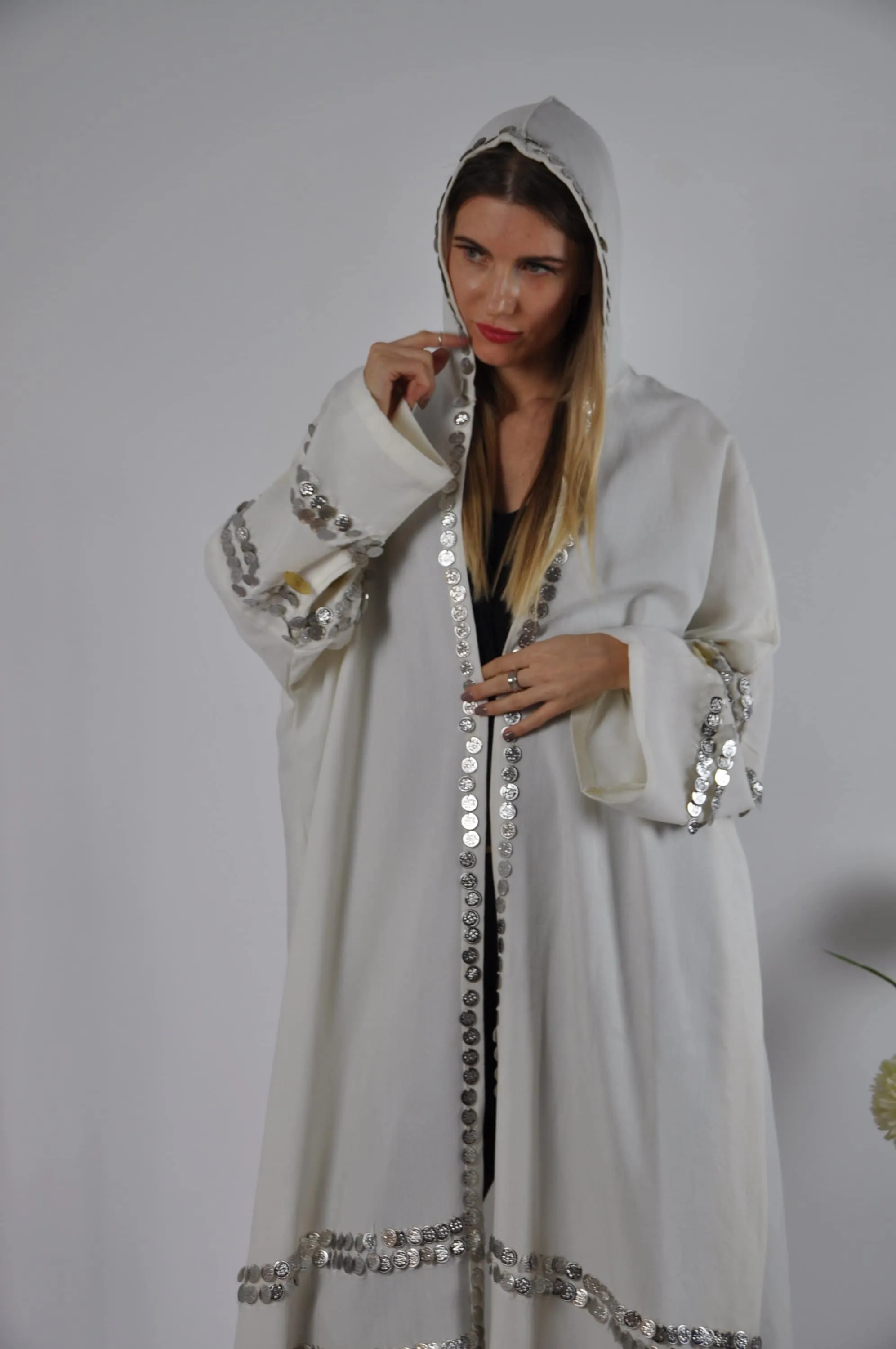 Off white Vintage Morocco Kimono, Handmade Abaya, Summer Abaya, Hooded kimono, Light wool / cotton Kimono, Abaya, Arabic Abaya