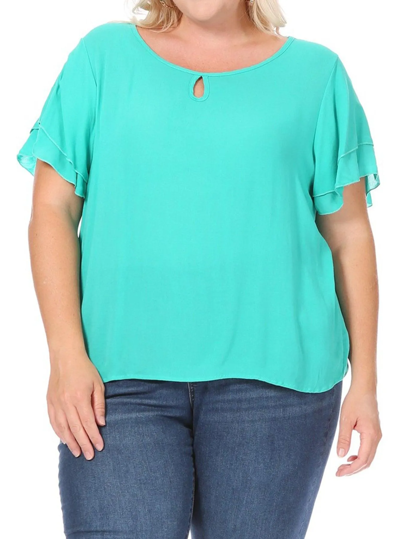 Plus Size Solid Flowy Short Flutter Sleeve Round Neck Key Hole Tee Blouse Top