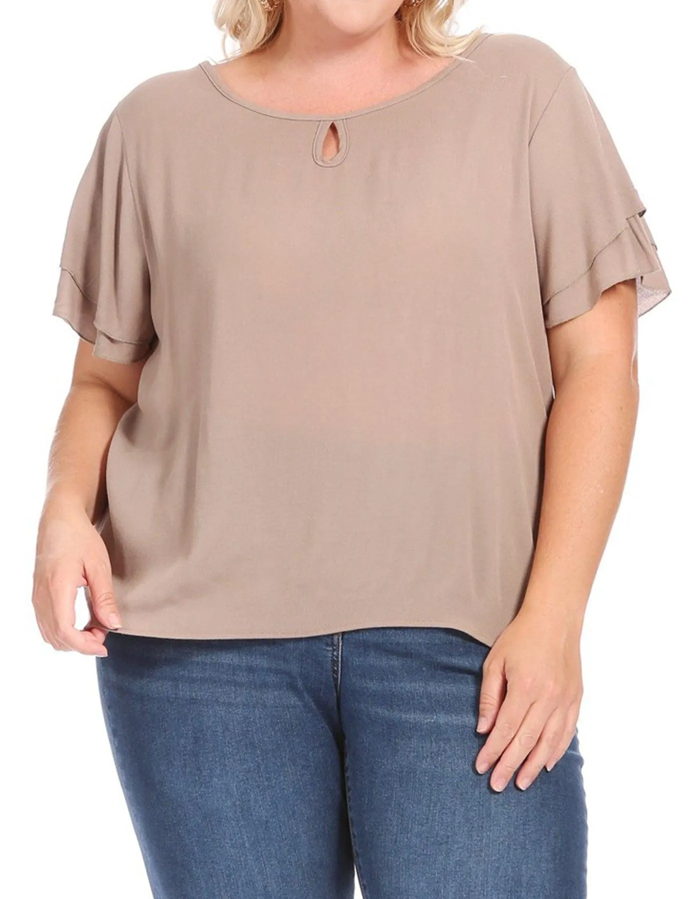 Plus Size Solid Flowy Short Flutter Sleeve Round Neck Key Hole Tee Blouse Top