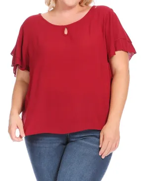 Plus Size Solid Flowy Short Flutter Sleeve Round Neck Key Hole Tee Blouse Top