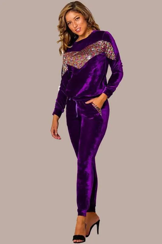 Purple Velvet Sequence Top And Bottom Jumpsuit  Set